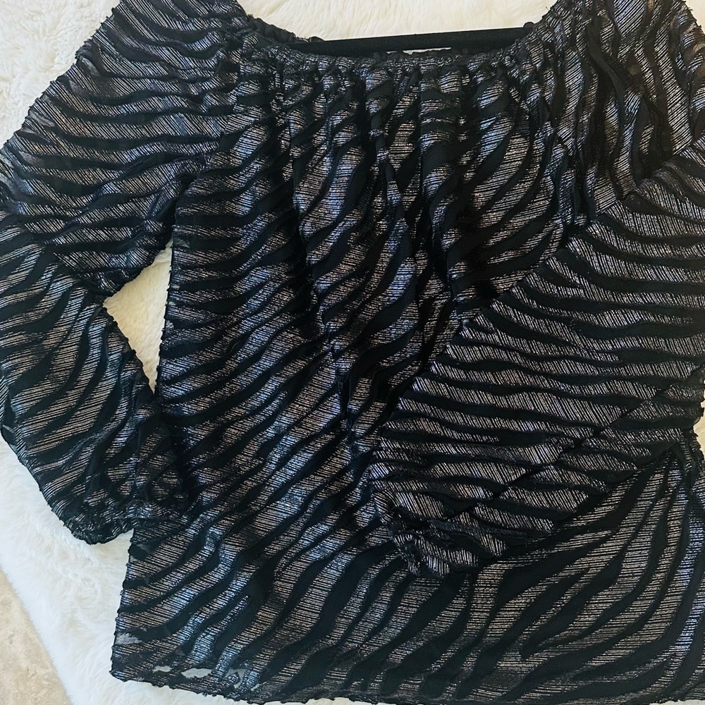 White House Black Market Black Blouse with Ruffled Style and Relaxed Fit